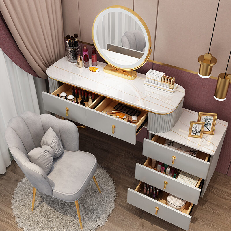 White Mini Dressing Table Set Bedroom Small Folding Clamshell Mobile Makeup Table With