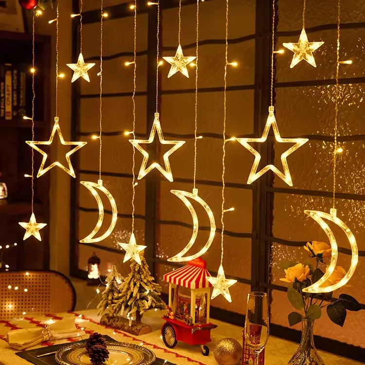Solar Curtain Lights 138 LED 12 Star Multicolor Christmas Light 3.5 Meter Connectable Window Lights Plug in Curtain String Lights for Christmas Ramadan Bedroom Indoor Outdoor Decor