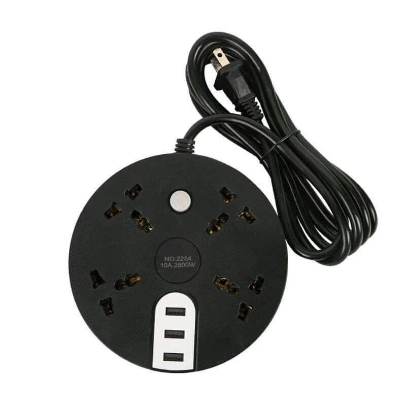 Round Universal Power Strip Portable Extension Cord Socket Plug USB
