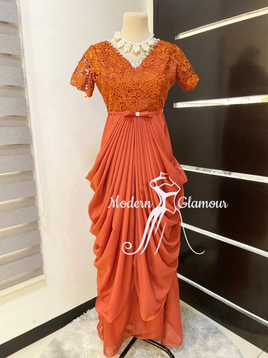 Orange Dress For Sponsor Wedding ELEGANT DOUBLE SWAG