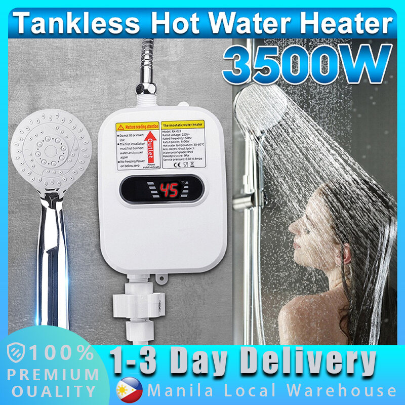 LED Instant Electric Water Heater Shower Head, Waterproof Touch Control