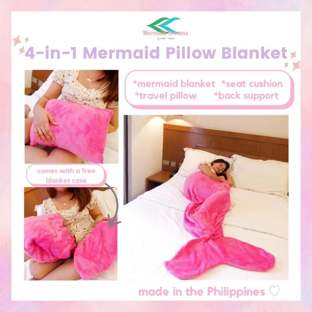 4-in-1 Mermaid Pillow Blanket (Size: Large for Adults) Mermaid Tail Fleece Blanket, Pillow Blanket, Mermaid Dreams PH, Beddings, Room Decor