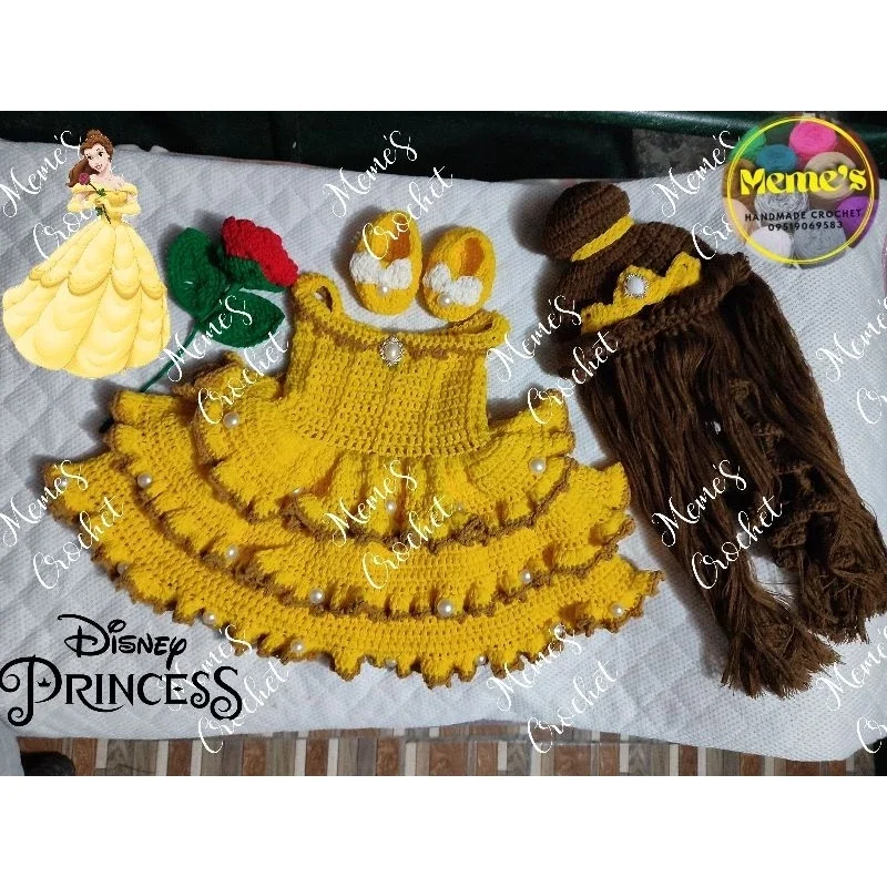 crochet princess belle dress Crochet Belle Costume Set: Newborn Photo Prop, Beauty and the Beast