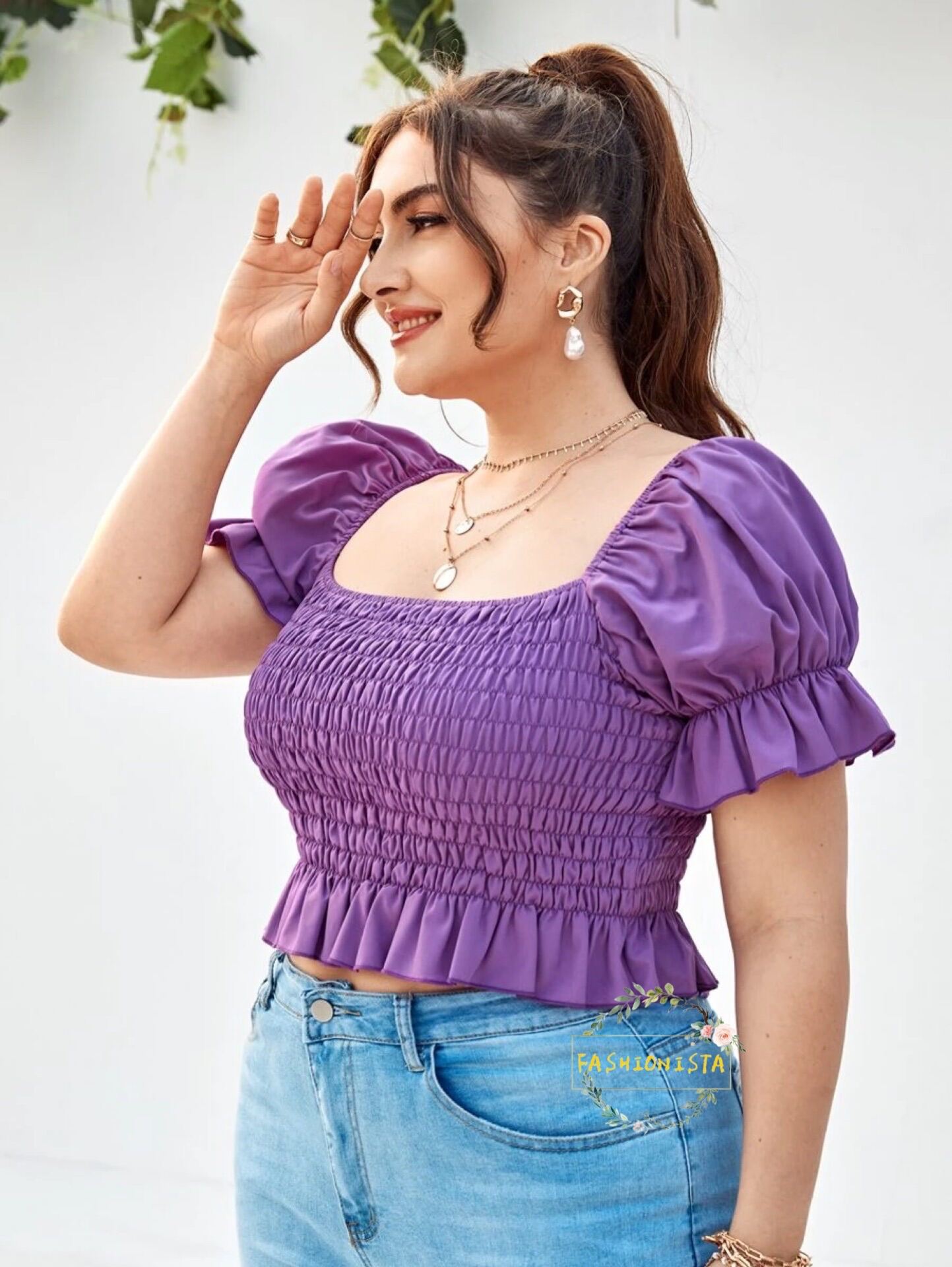 Kathryn Plus size Smocked Crop top 31064#