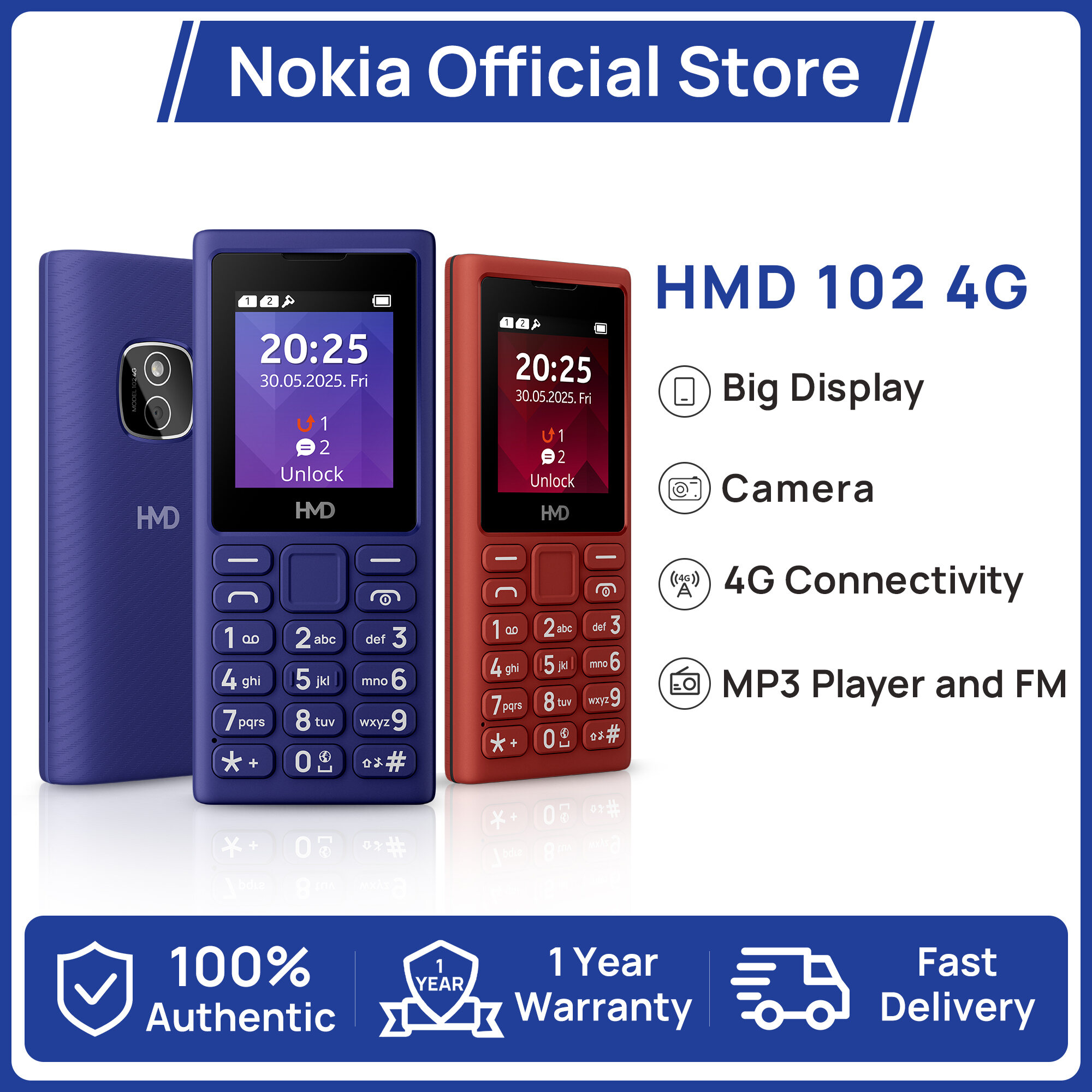 【2025 New Release】HMD 102 4G Keypad Basic Feature Phone Camera Phone-Talker Long Standby Big Buttons Type-C MP3 Player FM Radio Speed Dial 1 year warranty 100% Official Authentic Harga 166 Ringgit*Penghantaran Percuma