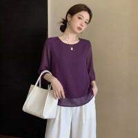 SHIMANQING | Stylish Youthful Purple Chiffon Three Quarter Sleeve Tummy Control Refined Look Plus Size Summer Womens Shirt