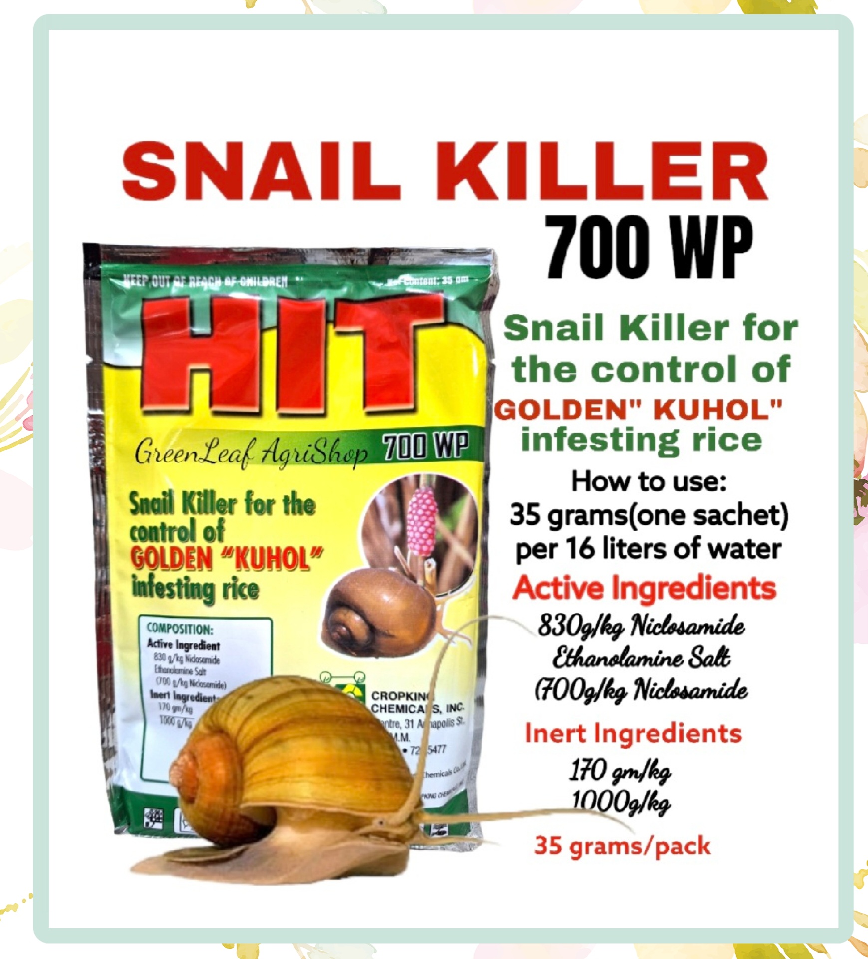 HIT Snail Killer 700WP Kills Golden Kuhol Infesting Rice/35g pack by