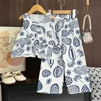 Bear Leader Summer Blue Girls Clothes Casual Kids Wear Ruffle Fruit Graffiti Printed Top+Pants 2Pcs Childrens Flower Outfits