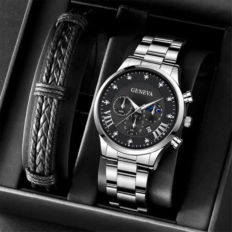 3PCS Set Fashion Mens Bracelet Watches For Men Retro Date Quartz