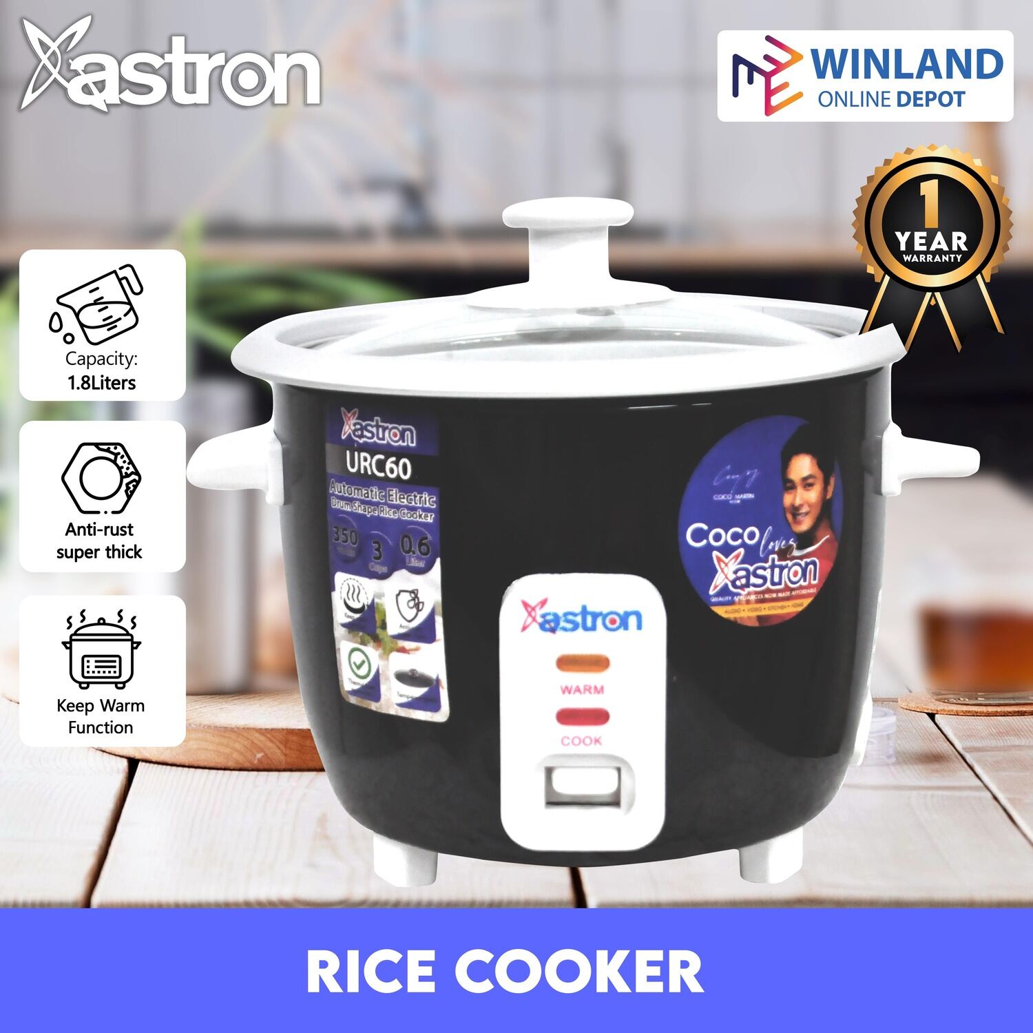 Astron URC-180 1.8L Drum Shape Rice Cooker (White) 10 cups 700W 6