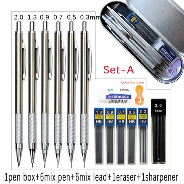 Metal Mechanical Pencil Set with Pen Box Lead Eraser Pencil Sharpener Set 0.3 0.5 0.7 0.9 1.3 2.0mm Art Sketch Automatic Pencil