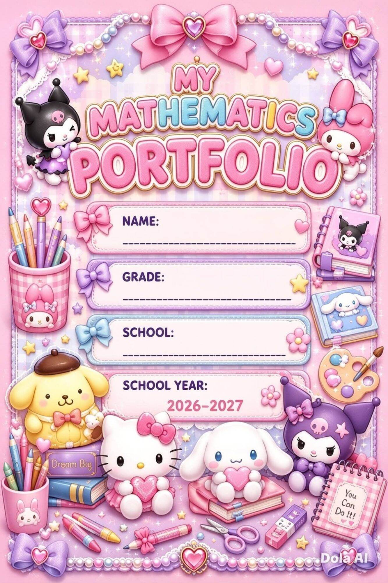A5 SIZE Portfolio Sticker COVER Pink - 2026-2027 - Name Grade School School Year - Cute Characters Stationery - School Use