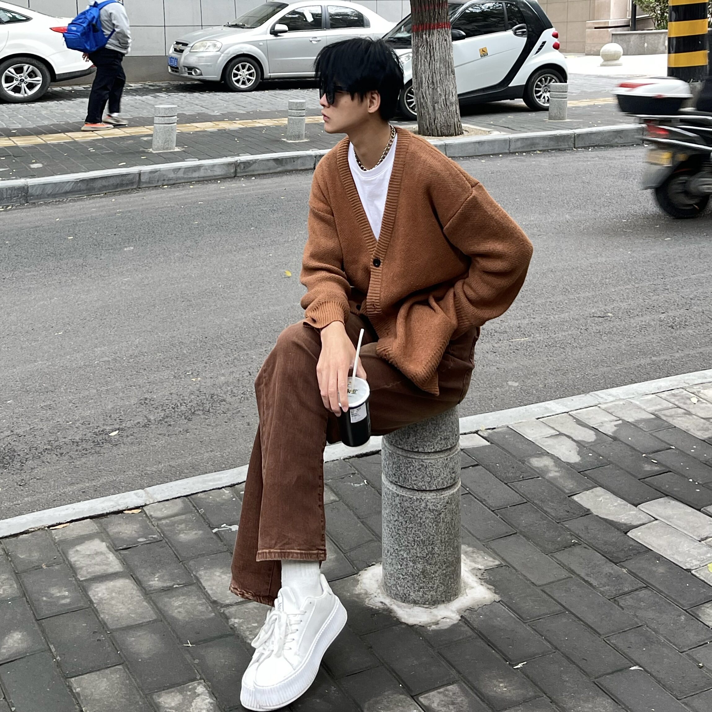 Beancurd Brown Knitted Cardigan Jacket Idle Style Hong Kong Style  All-Matching Loose Sweater for Men and Women