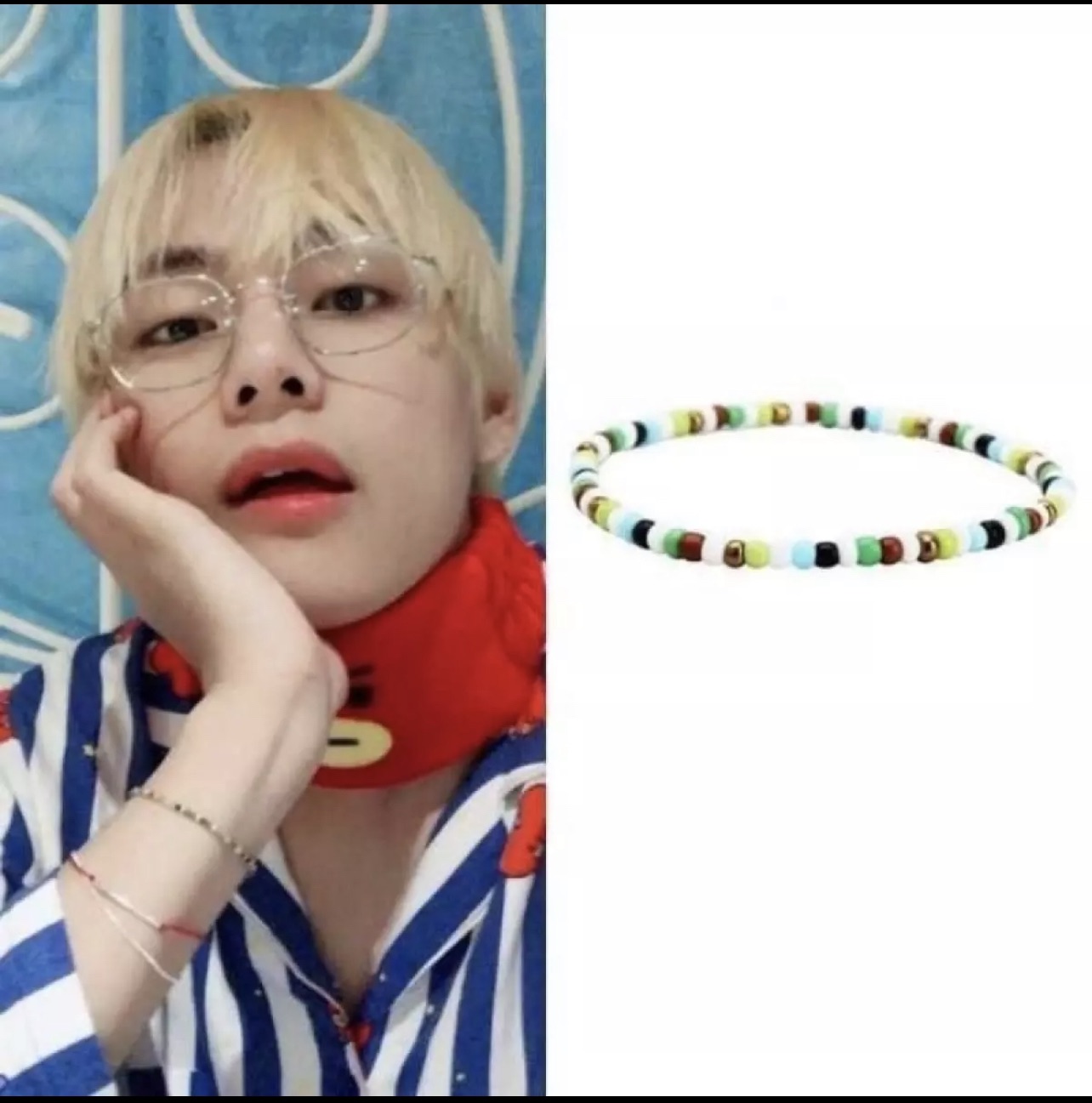 BTS V Bracelet Grey Beaded With Green Lettered Taehyung 