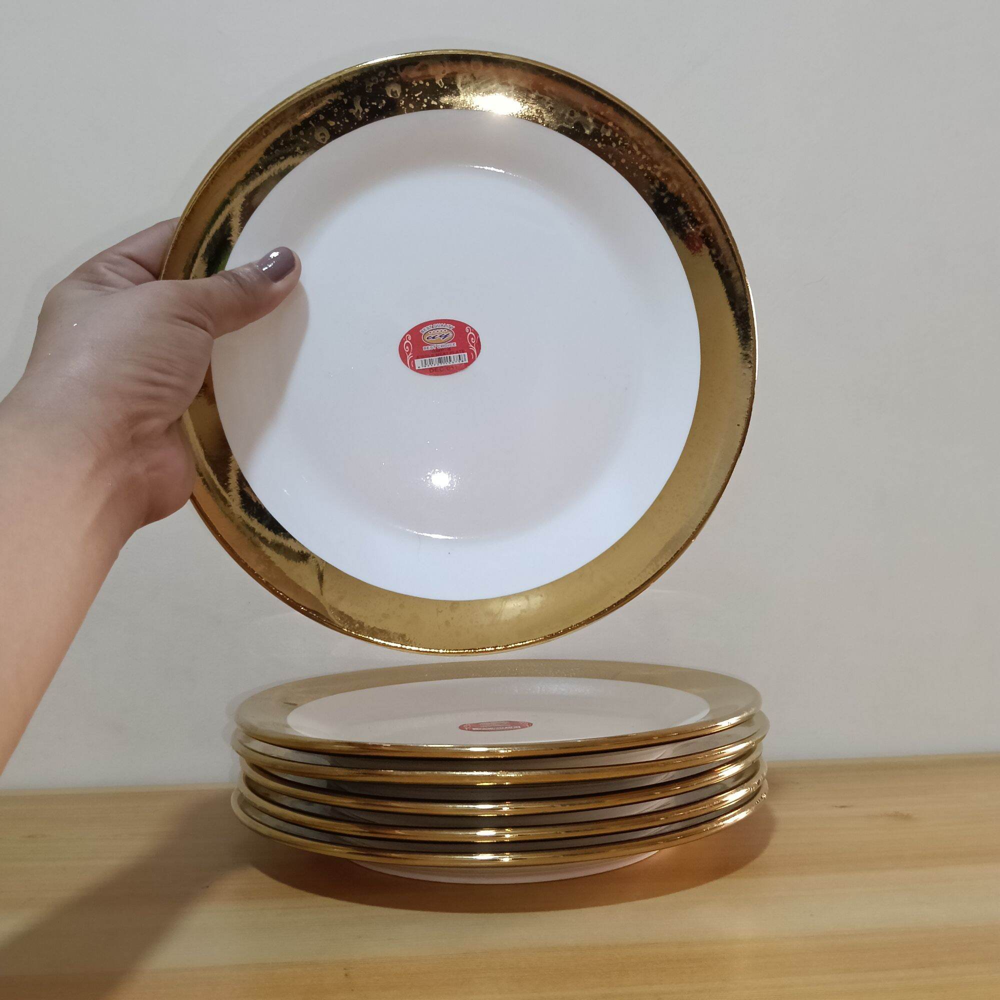 Set For 6 Pieces Luxury Porcelain Gold Rim Dinner Plate / Meat Plate / Salad Plate OR Pasta Plate OR Fish Plate Size 8 Inches