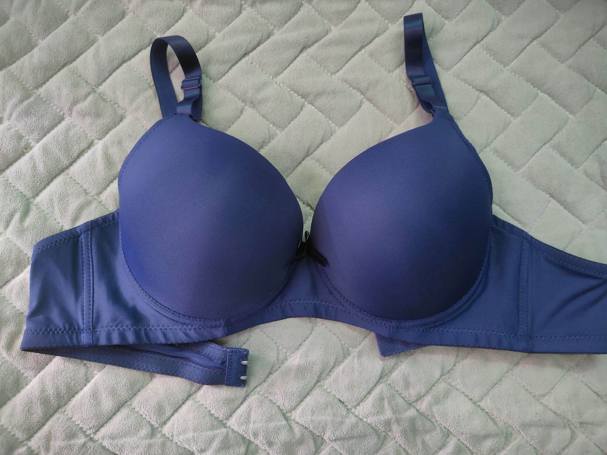 Plus size plain full coverage thin pads bra with wire onhand 40 to 46 cap B&C 2 hook bra and detachable strap in blue, black, gray, and beige. - Image 2