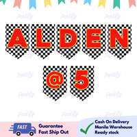 Partify Race Car Theme Customizable Happy Birthday Banner with Name Personalized Letter Banner with Free String Custom Bunting Backdrop Wall Decoration for Kids Boys Girls Party