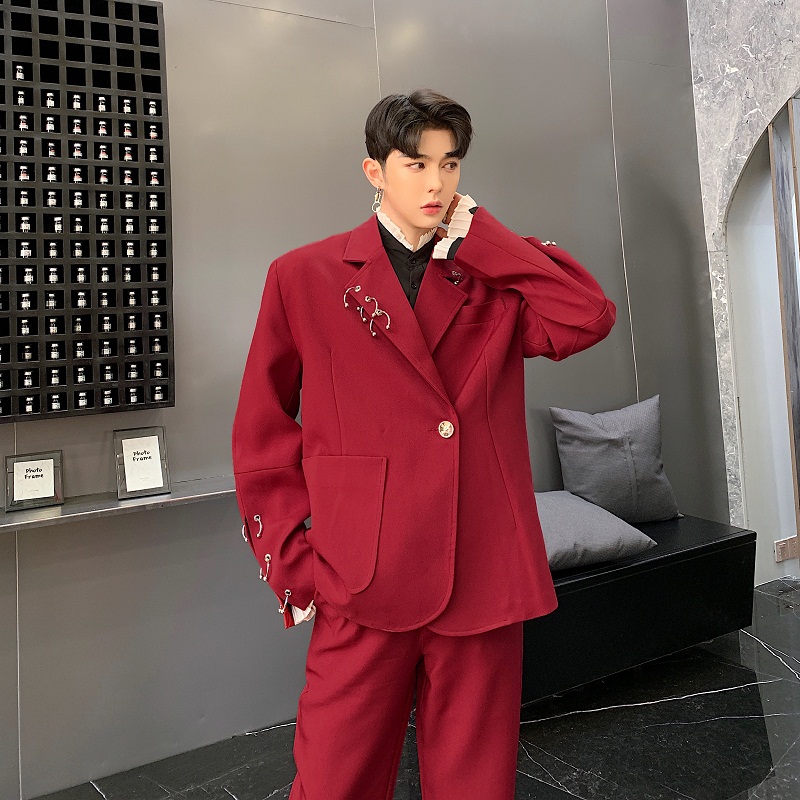 Red Suit Jacket Men Korean Style Trend Loose Leisure Cool Suit Spring  Vintage Tops Male Fashion