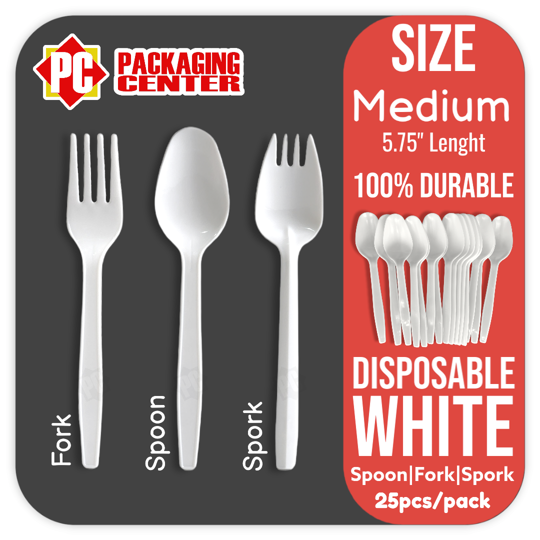 Disposable Spoon, Fork & Spork by 25pcs per pack, Pc Packaging Center