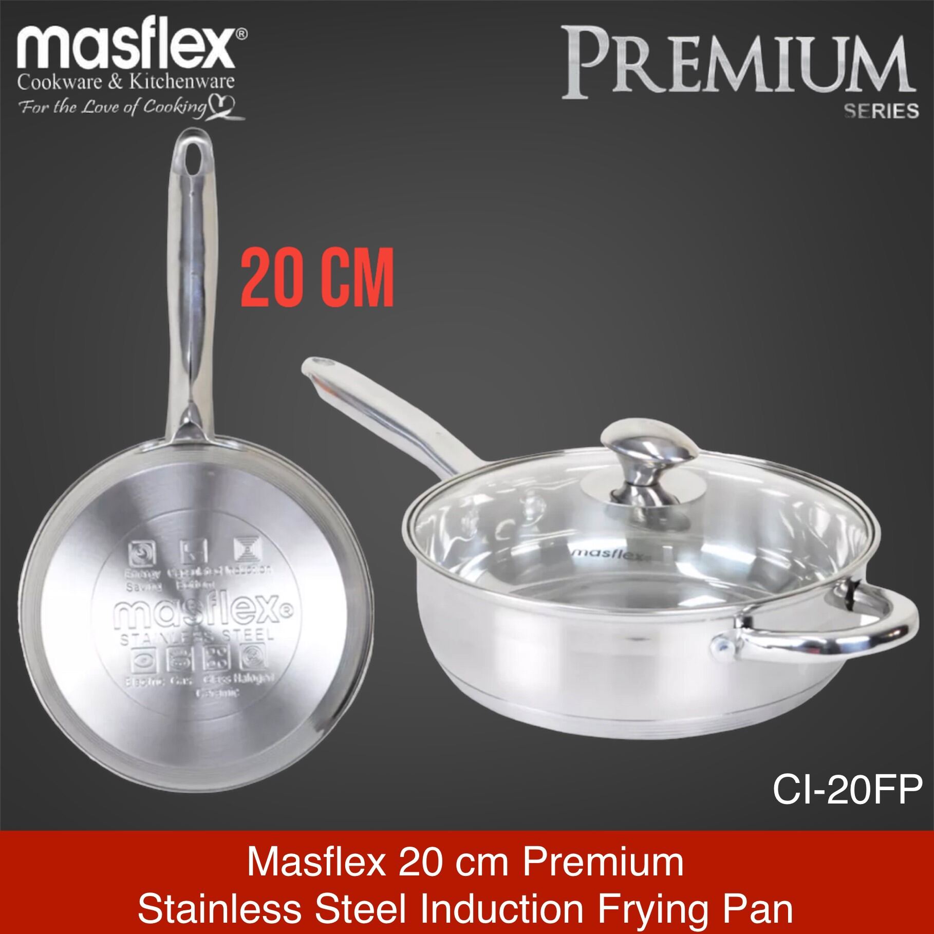 Masflex 20 cm Stainless Steel Induction Frying Pan with Lid