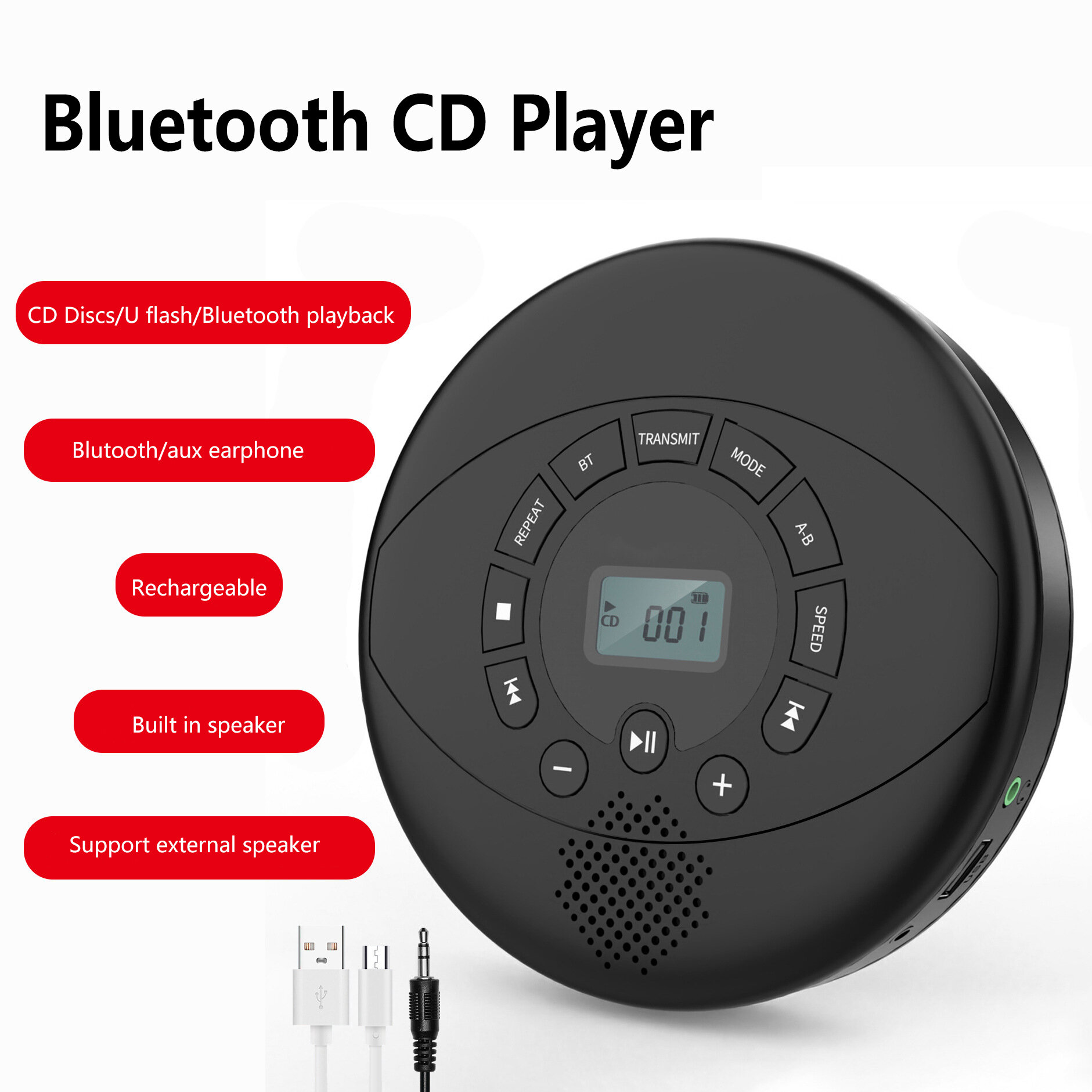 JIALEMEIJIA | Portable CD Player Bluetooth Built-in Speakers