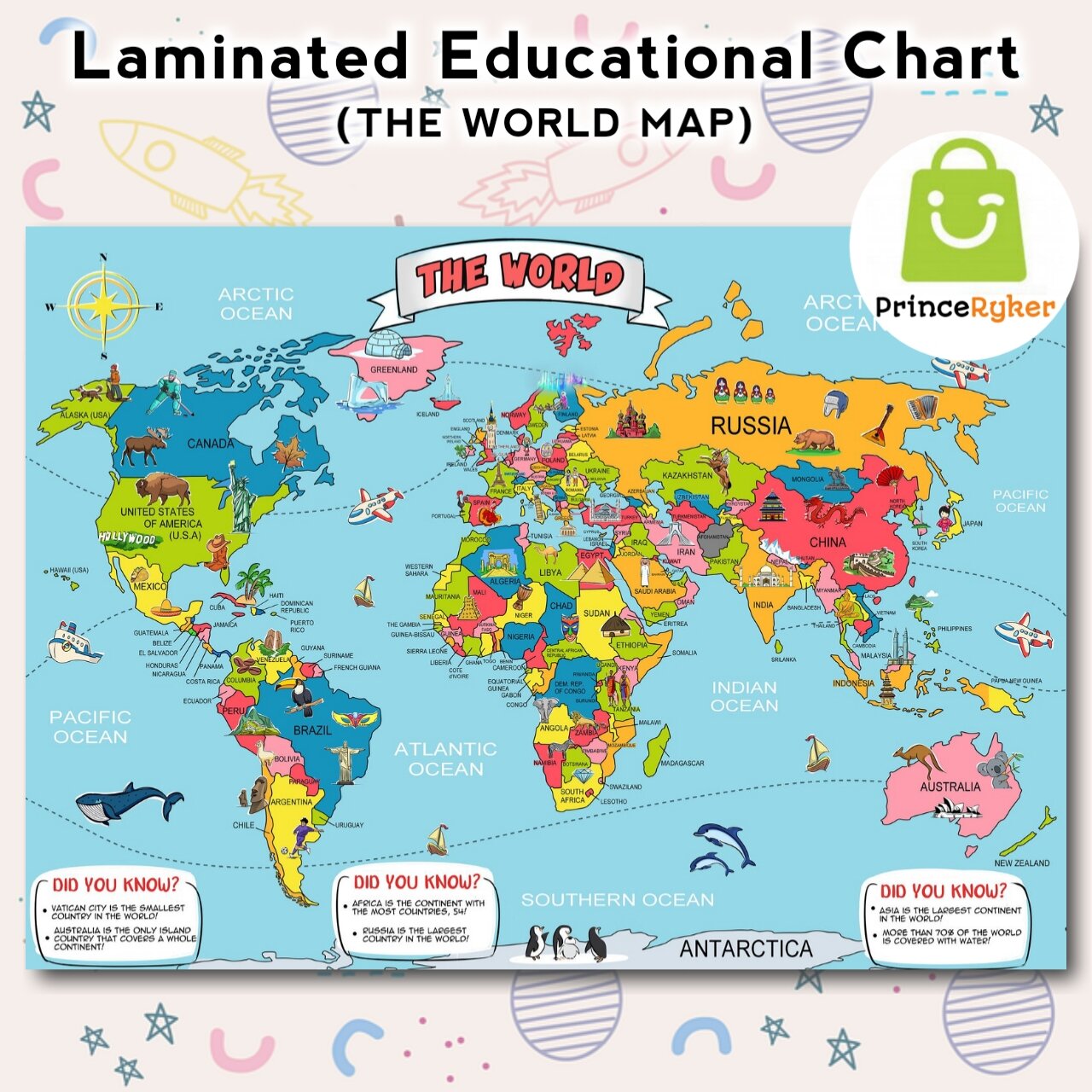 World Map Chart A4 Size Laminated - S9b93bedbeb734e9f824fe5af6c85ea92Y