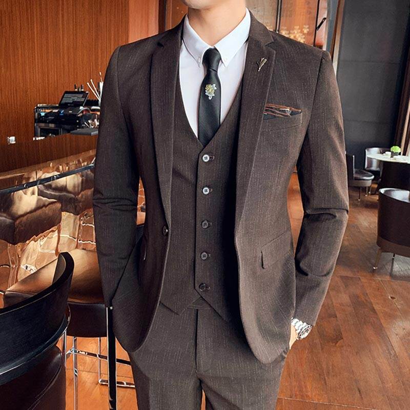 Casual Brown Suit Men's Korean-Style Trendy Wedding Formal Dress ...