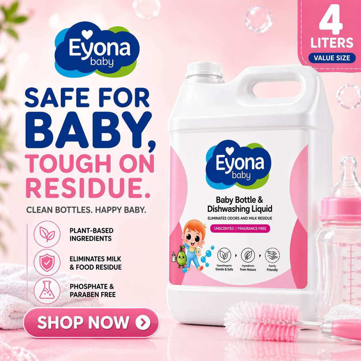 Eyona Baby Bottle Cleanser Dishwashing Liquid Unscented Safe Food Grade Organic Phthalate Free Eco-Friendly for baby Safe for baby Removes milk odor Plant-based formula