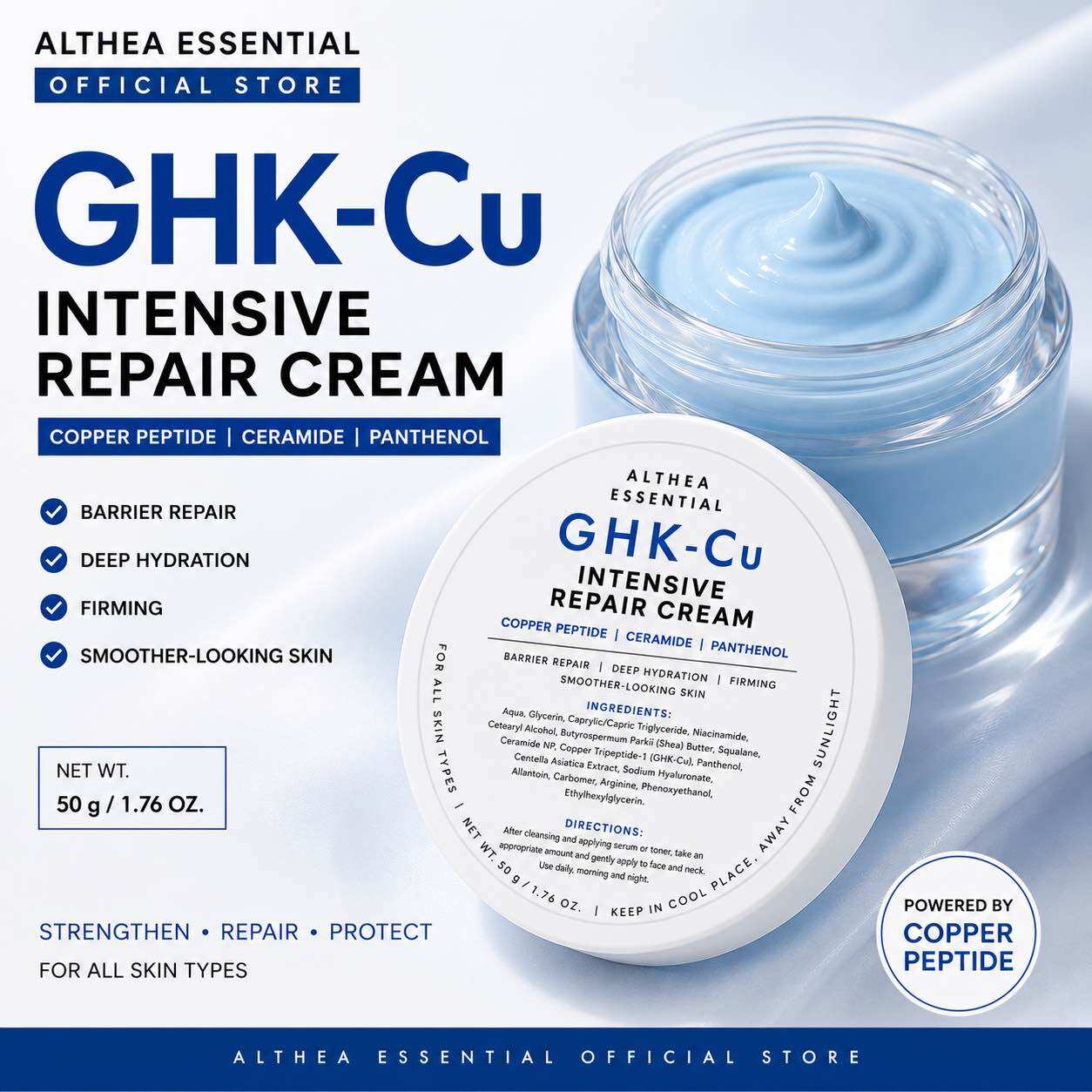Althea Essential GHK-Cu Intensive Repair Cream 50g | Copper Peptide Barrier Repair Moisturizer with Ceramide Panthenol & Hyaluronic Acid | Deep Hydration Face Cream