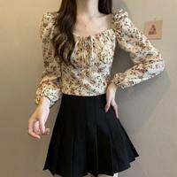 SHIMANQING | Belly Concealing Skinny Elegant Short French Collar Floral Print Long Sleeve Chiffon Blouse