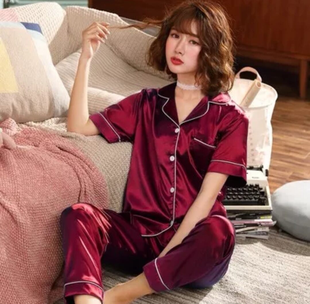 FallSweet Ice Silk Nightwear Women Long Sleeves Pajama Sets V Neck