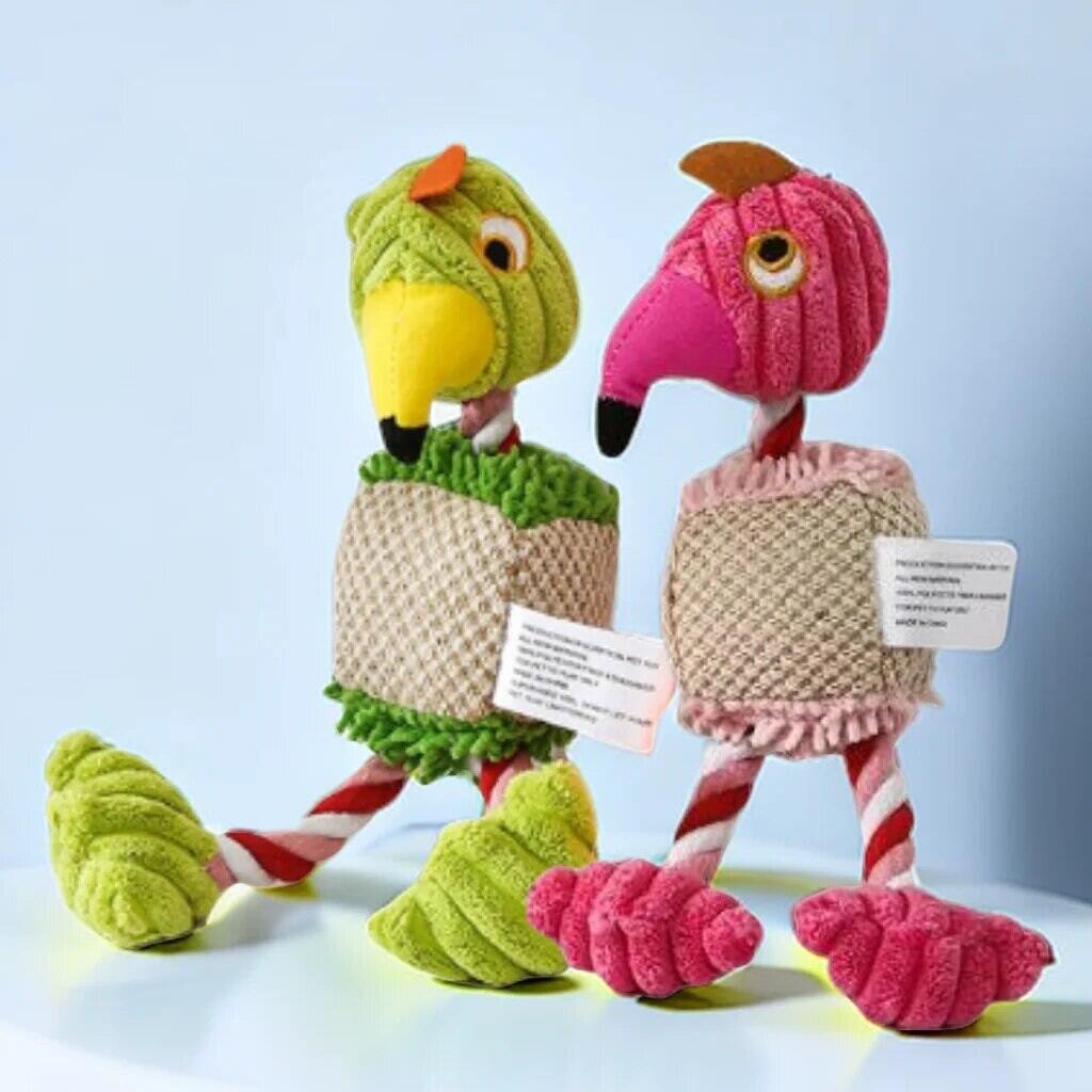 Parrot Shape Plush Dog Toys Lovely Bright Color Flamingo Bite Resistant Teeth Grinding and Sound Producing Pet Chew Squeaky Toy. 
