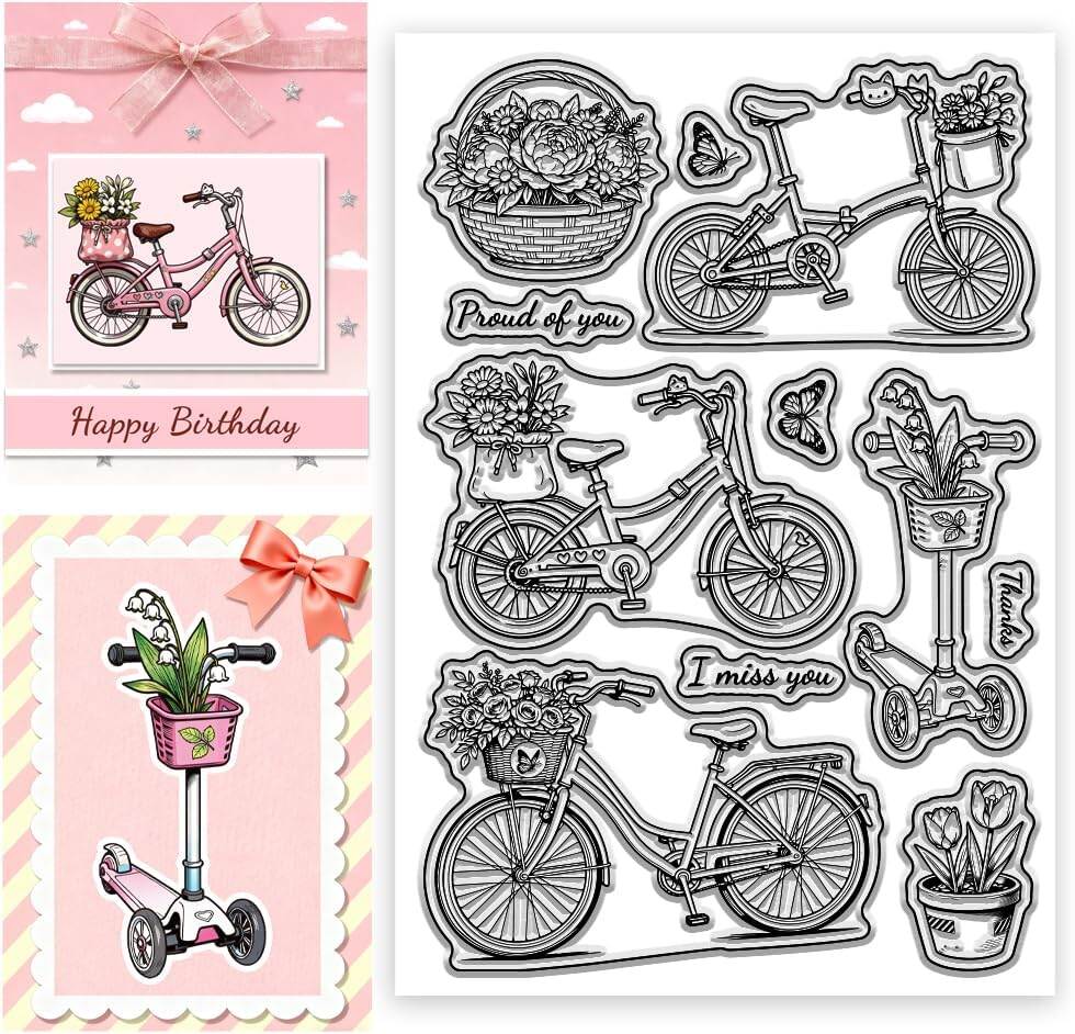 Bicycles Clear Stamps Flowers Transparent Stamps Scooters Clear Seals for DIY Scrapbooking Photo Album 4.3×6.3 inch