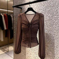 CHOEFULYN | French Style Elegant Designer Brown Tulle Long Sleeve Shirt