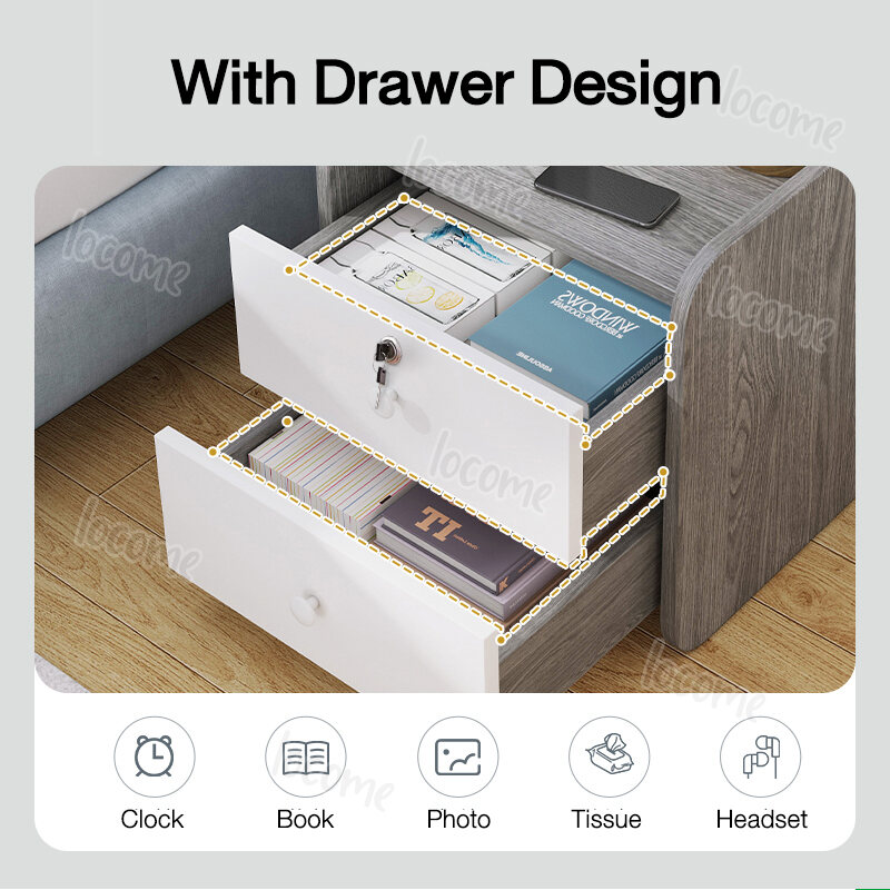 【With Lock】Nordic Modern Wooden Bedside Table For Bedroom With Drawer Nightstand Side Table Storage Cabinet Bedside Table With Lock. 