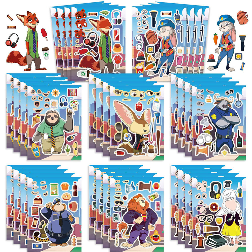 8/16pcs Disney Cartoon Zootopia Puzzle Stickers Games Funny DIY Make a Face Assemble Jigsaw Decoration Craft Sticker Party Favor