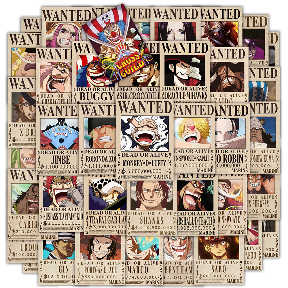 Bandai | 10/30/50pcs Cool Anime One Piece Wanted Posters Stickers DIY Laptop Phone Car Motorcycle Waterproof Sticker Kids Classic Toys