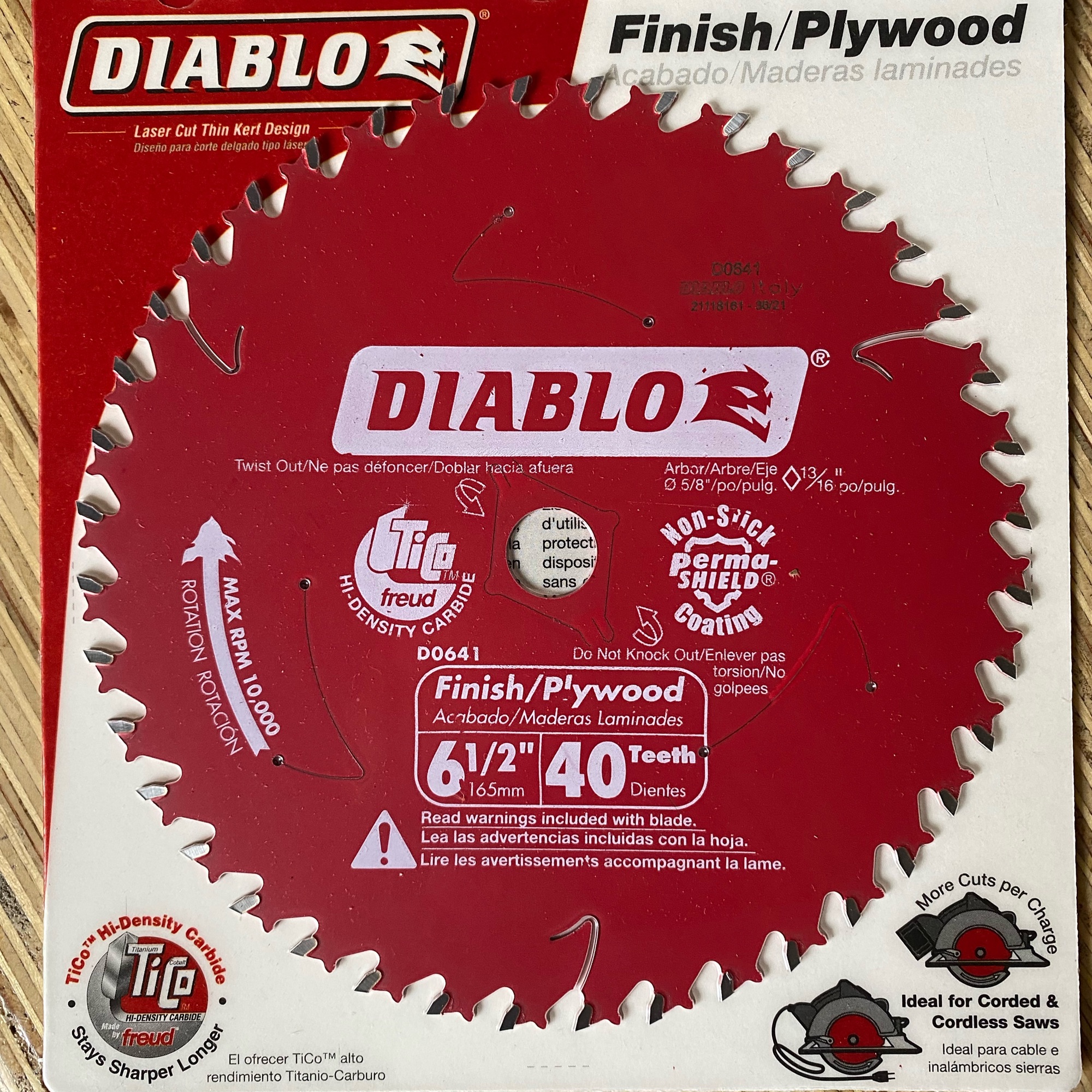 Freud Diablo 6 1/2” 40T Finish Circular Saw Blade D0641R 