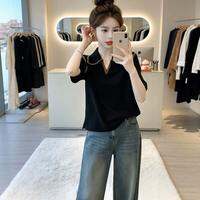 SHIMANQING | Elegant Chic Black Polo Collar Straight Shoulders T-Shirt