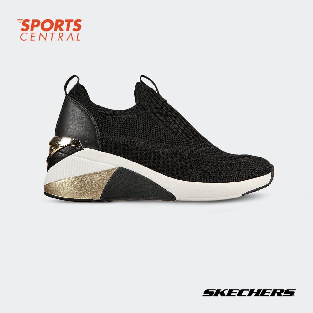 Discount on Sports Central  shoes - SKU: Skechers Women A Wedge - Etty 133226BLK (Black Knit/ Gold Mcd/ White Bottom)