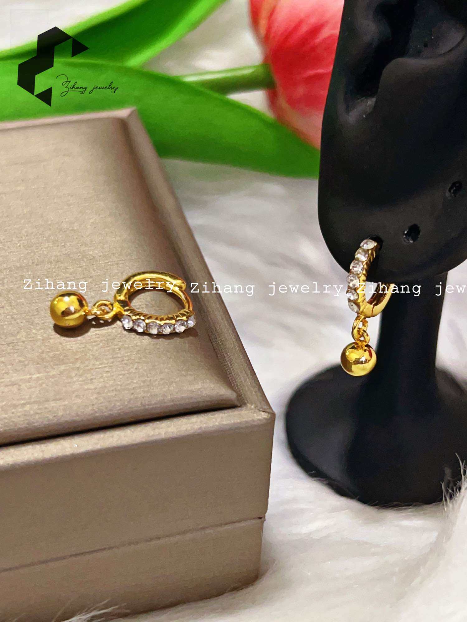 ZIHANG 24K Gold Plated Stone Dangling Clip Earrings