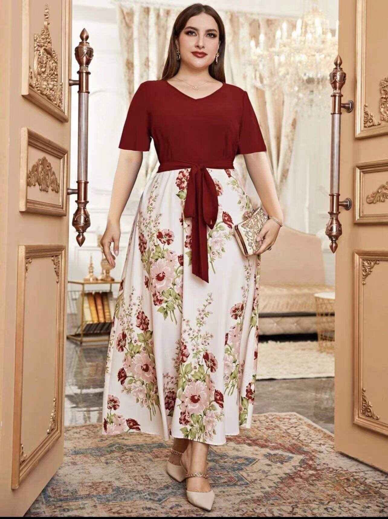 Floral Designed Flared Maxi Dress with Long Bell Sleeves-SunMart Lanka