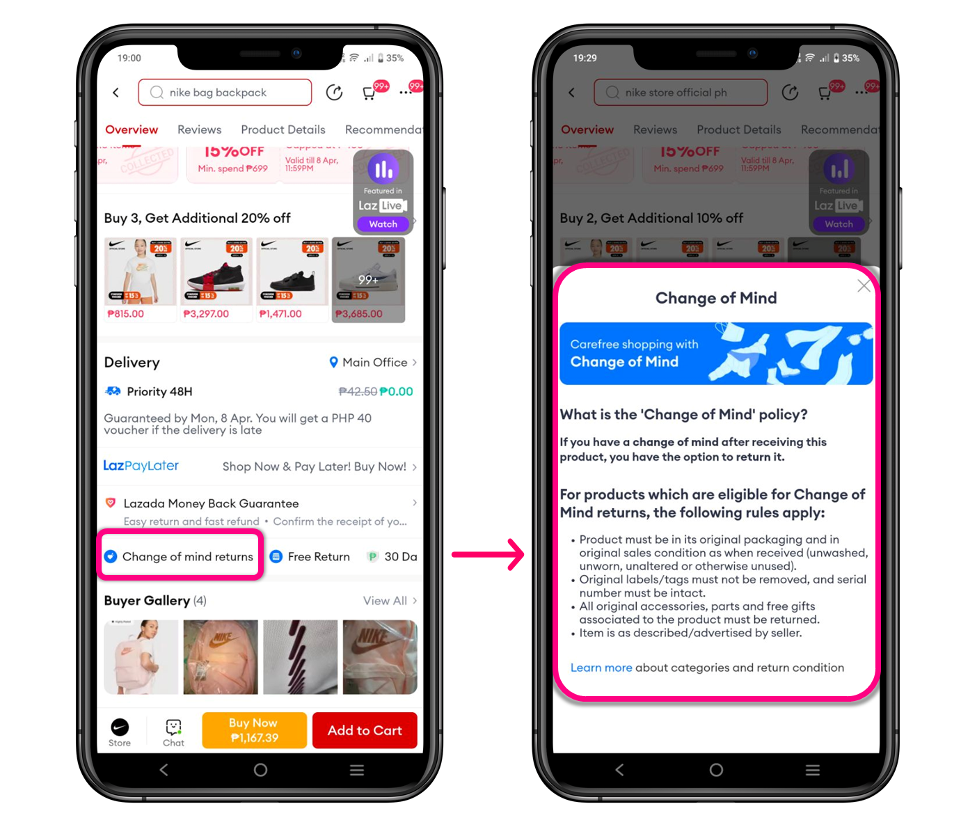 What is the returns policy for "Change of Mind"? Lazada
