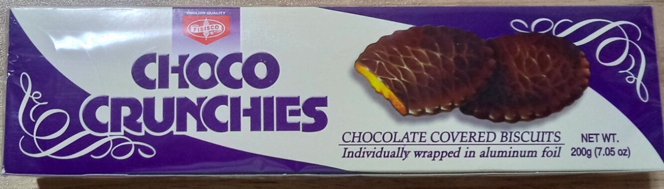200g Choco Crunchies. Chocolate Covered Biscuits. Individually wrapped in aluminum foil.. 