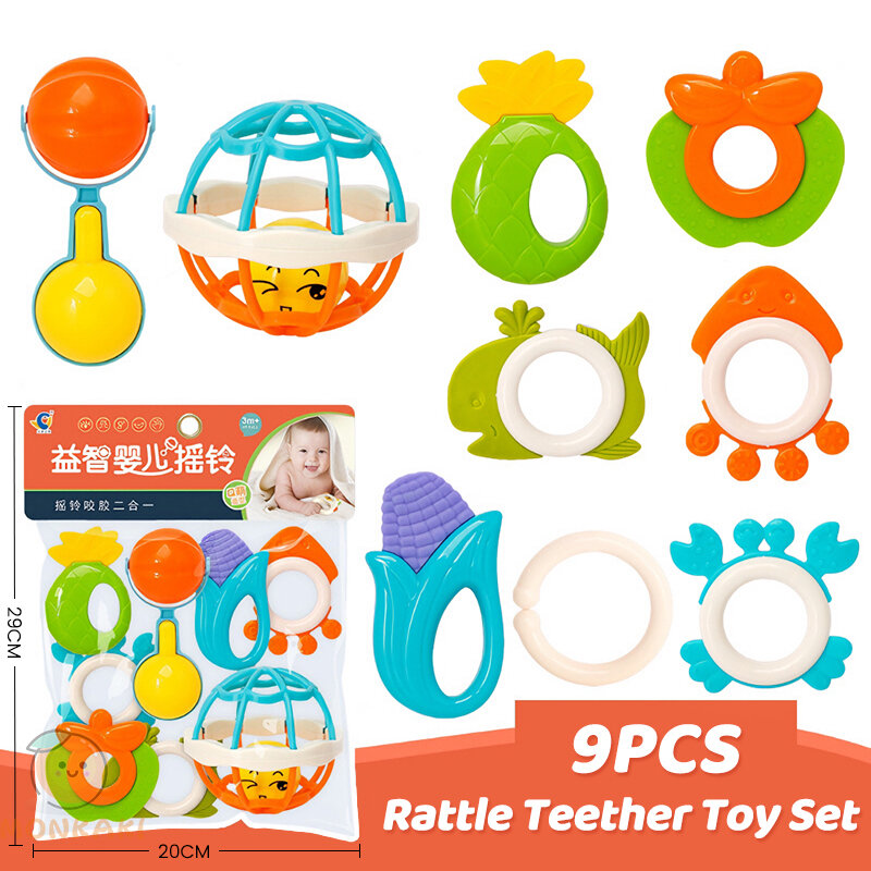 9PCS Baby Teether for Baby Girl Boy Silicon BPA Free with Holder Rattle Toys for Newborn Baby Nursing Teether Rattle Hand Jingle Bells Toys Teething Teether Toy Puzzle Toys