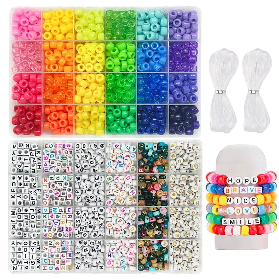 Pony Beads for Friendship Bracelet Making Kit 24 Colors Kandi Beads Set 720pcs Plastic Rainbow Bulk and 980pcs Letter Beads wit