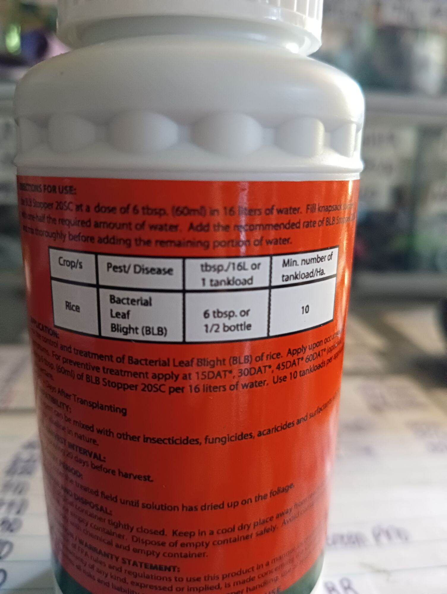 BLB stopper 20 SC Bactericide -Fungicide for the control and treatment of leaf blight of rice 120 ml. 