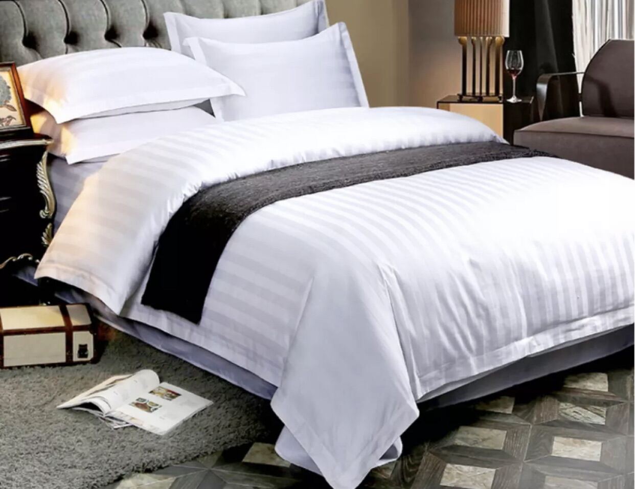 us cotton 4in1 bed sheet plain stripe bedsheet set white Hotel Quality