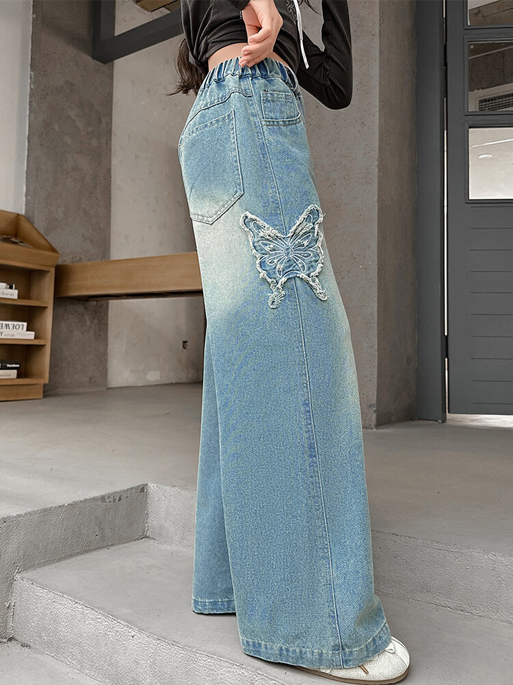 MPW | Girls Denim Pants Wide Leg Straight Butterfly Knot Mid To Large Children Korean Style Autumn Fashionable Trousers For Kids Presyo 1,876 Piso*Libreng Shipping