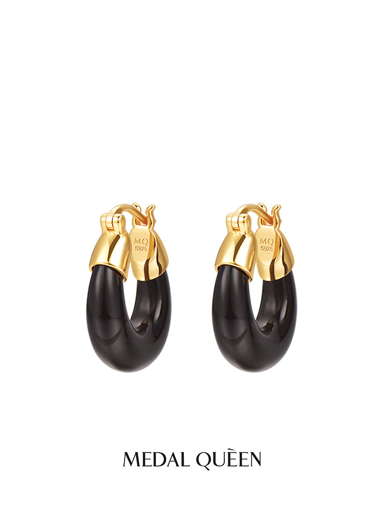 Stylish Winter Black Agate Gold Plated Hoop Earrings 925 Silver Pin Presyo  2,936 Piso*Libreng Shipping